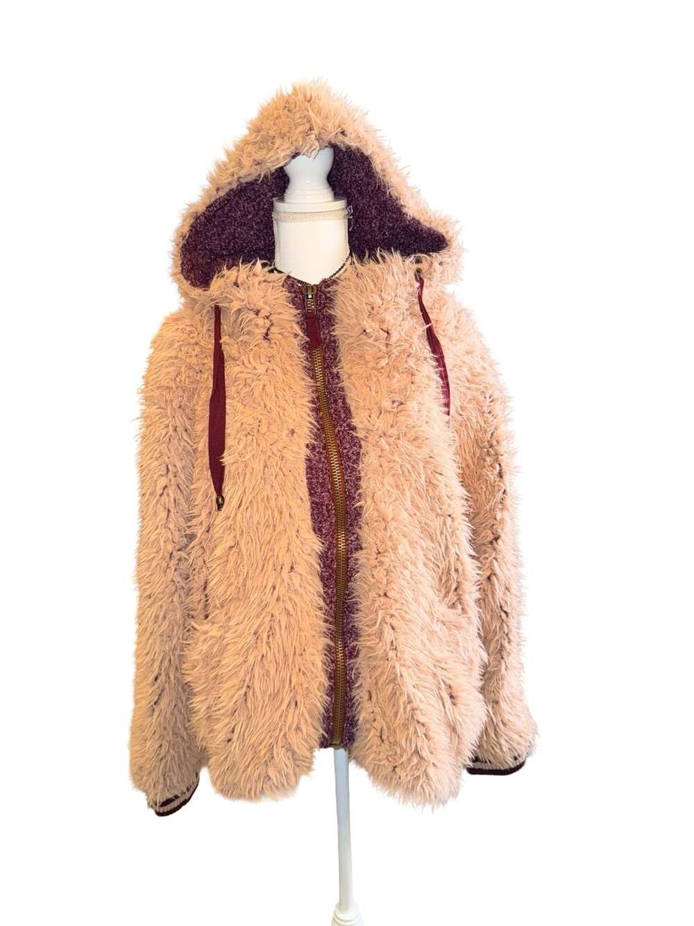 Free People Fluffy Dolman Jacket Size XS Pink Faux Fur Oversized Coat